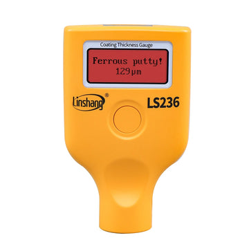 Close-up of the LS236 paint thickness gauge's dual screens, showing thickness readings.